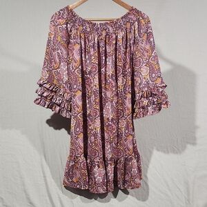 Grace +Karma Paisley Off-Shoulder Knee Length Ruffle‎ Flowy Dress Size Large